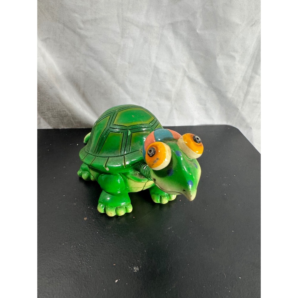 Vintage Green Bobblehead Turtle Figurine with Baseball Cap and Spring Tail